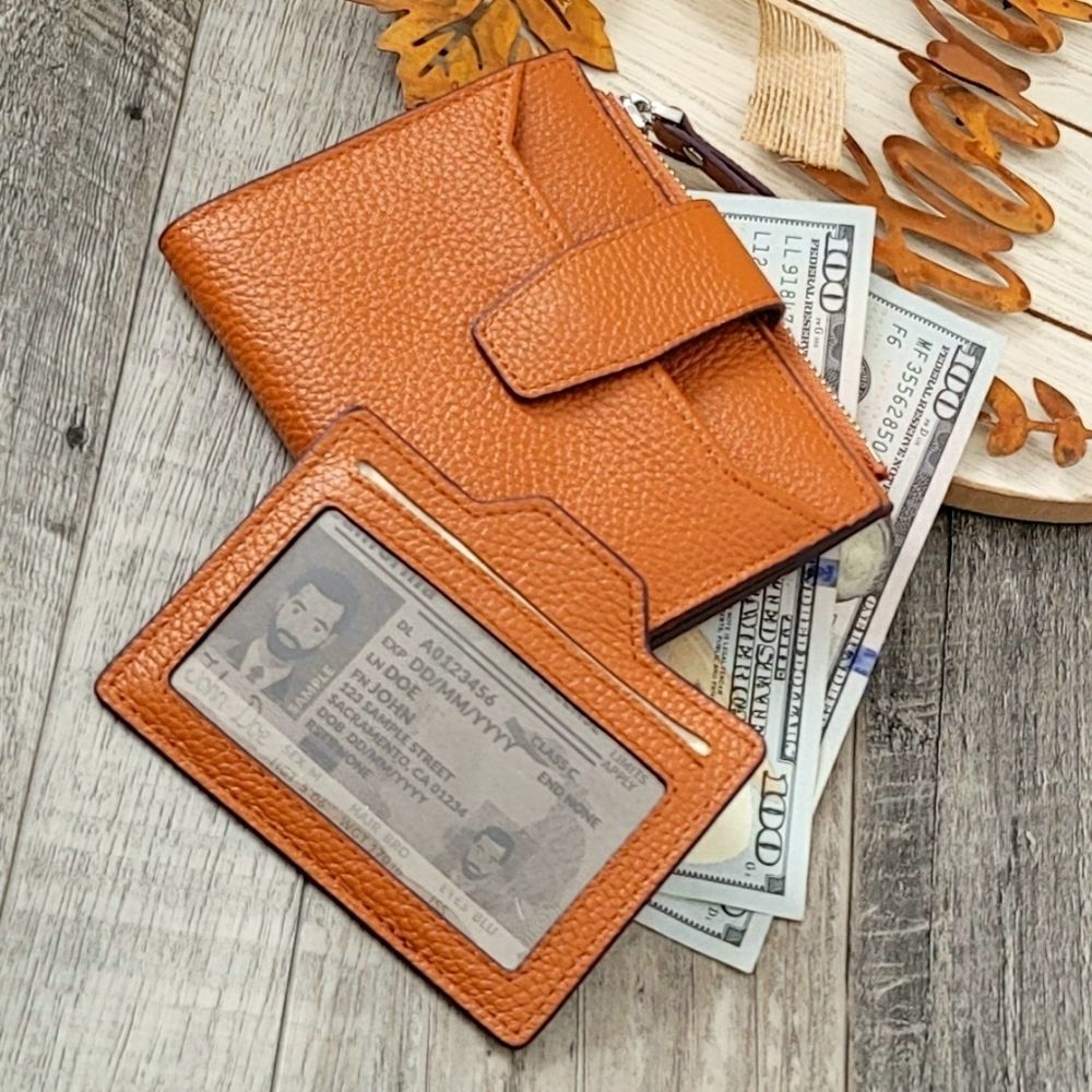 NEW! Genuine Leather Compact Zipper Wallet Brown